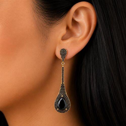 Brinco Gota Alongada Zirc�nia Negra Banhado a Ouro