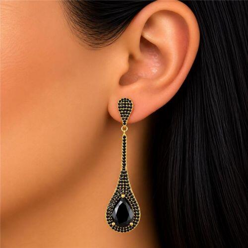 Brinco Gota Alongada Zircônia Negra Banhado a Ouro