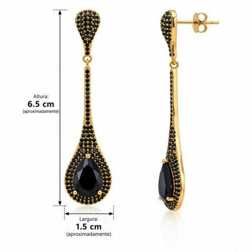 Brinco Gota Alongada Zircônia Negra Banhado a Ouro