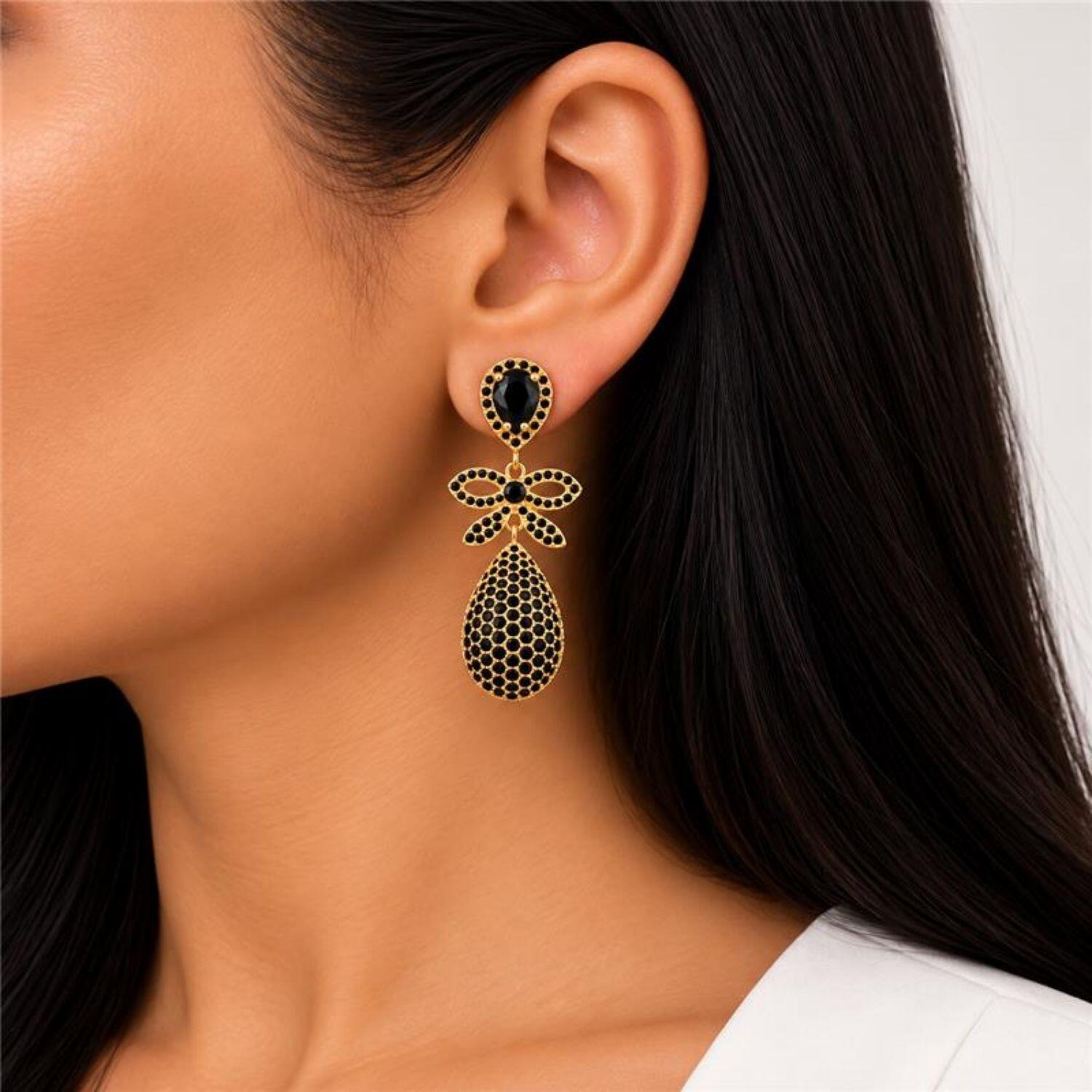 Brinco Luxury Laço Zircônia Negra Banhado a Ouro
