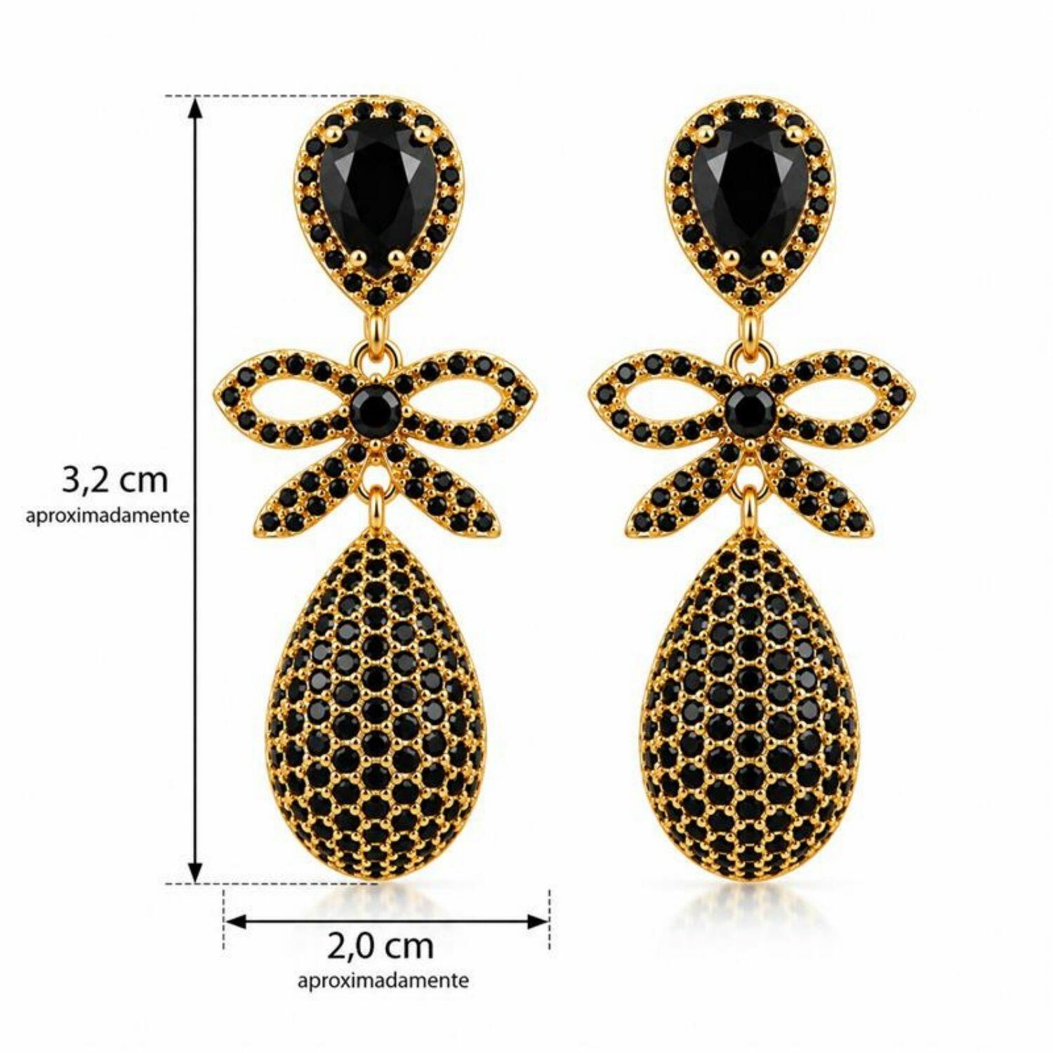 Brinco Luxury Laço Zircônia Negra Banhado a Ouro
