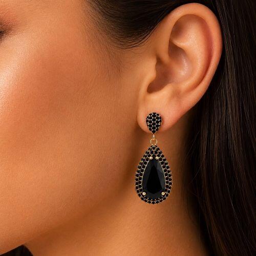 Brinco Luxury Gota Zircônia Negra Banhado a Ouro