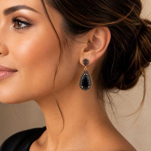 Brinco Luxury Gota Zircônia Negra Banhado a Ouro