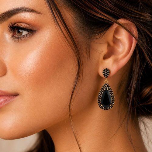 Brinco Luxury Gota Zircônia Negra Banhado a Ouro