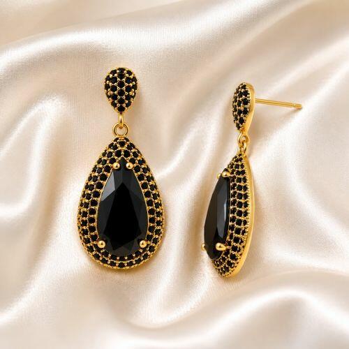 Brinco Luxury Gota Zircônia Negra Banhado a Ouro