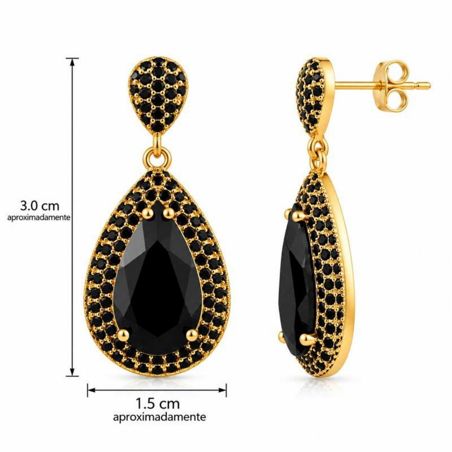 Brinco Luxury Gota Zircônia Negra Banhado a Ouro