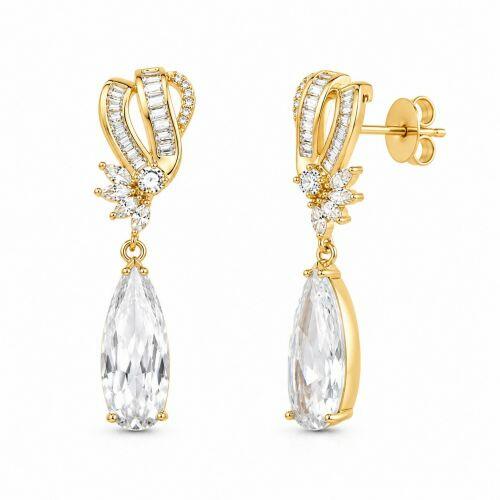 Brinco Luxury Gota Zirc�nia Baguette e Navete Cristal Banhado a Ouro 18K