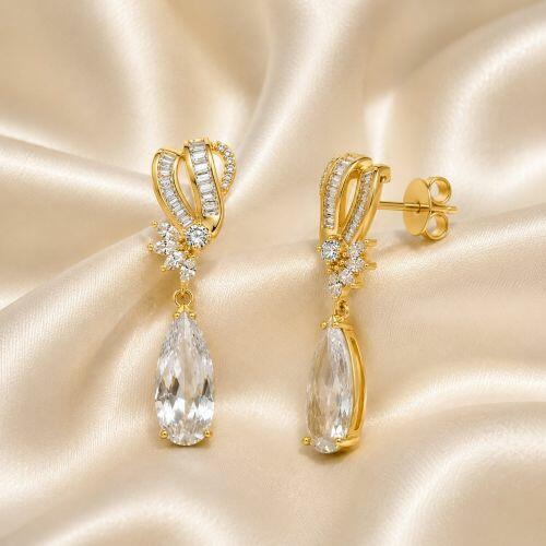 Brinco Luxury Gota Zircônia Baguette e Navete Cristal Banhado a Ouro 18K