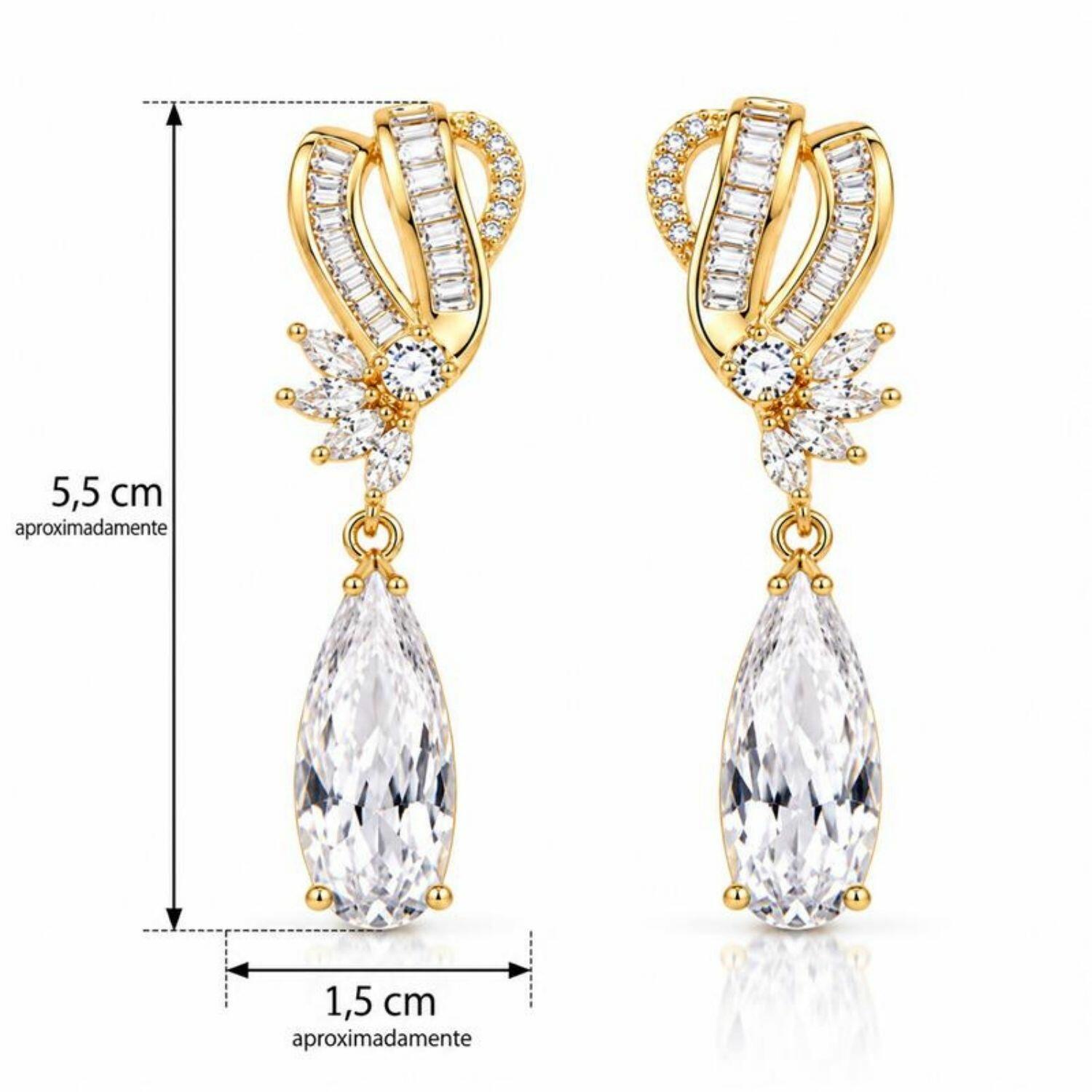 Brinco Luxury Gota Zircônia Baguette e Navete Cristal Banhado a Ouro 18K
