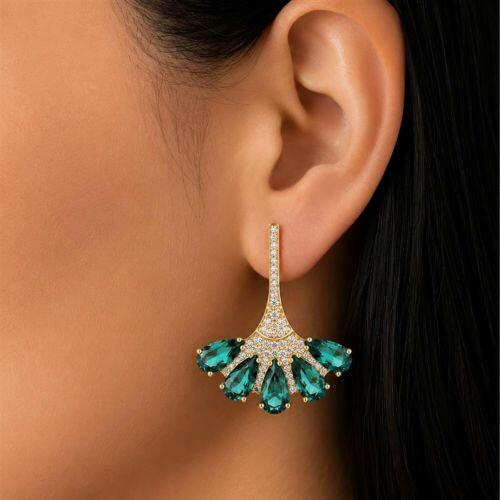 Brinco Leque 5 Gotas Zirc�nia Turmalina e Cristal Banhado a Ouro