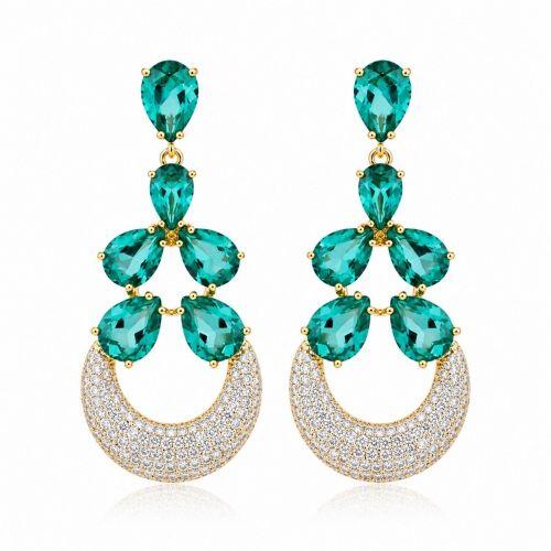 Brinco Luxury 6 Gotas Zirc�nia Turmalina e Cristal Banhado a Ouro 18K
