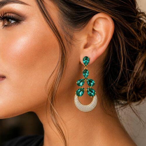 Brinco Luxury 6 Gotas Zirc�nia Turmalina e Cristal Banhado a Ouro 18K