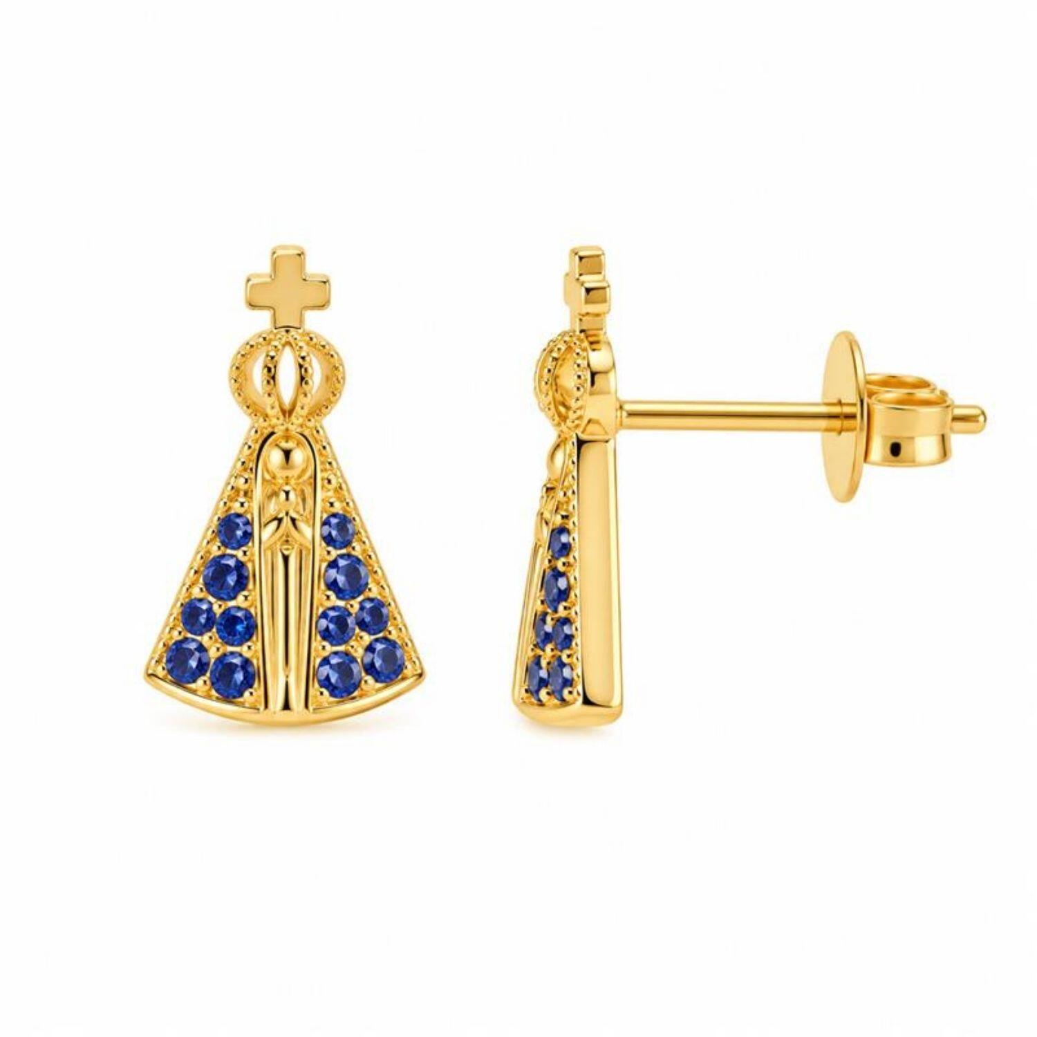 Brinco Mini Nossa Senhora Aparecida Micro Zircônia Azul Banhado a Ouro