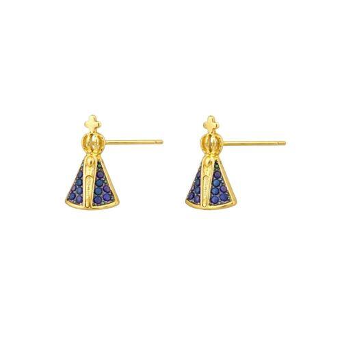 Brinco Mini Nossa Senhora Aparecida Micro Zircônia Azul Banhado a Ouro
