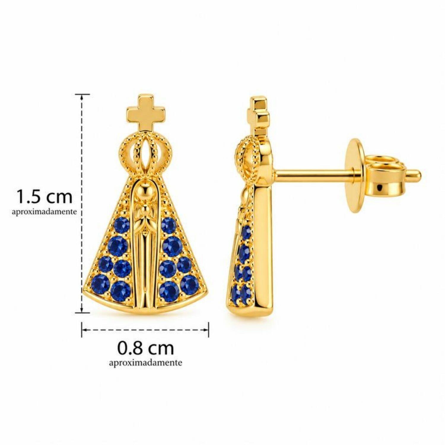 Brinco Mini Nossa Senhora Aparecida Micro Zircônia Azul Banhado a Ouro