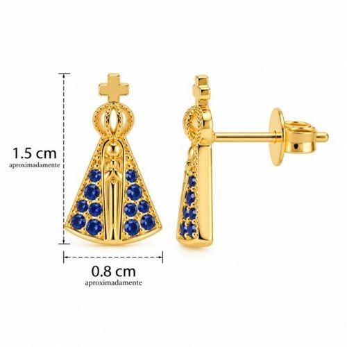 Brinco Mini Nossa Senhora Aparecida Micro Zircônia Azul Banhado a Ouro
