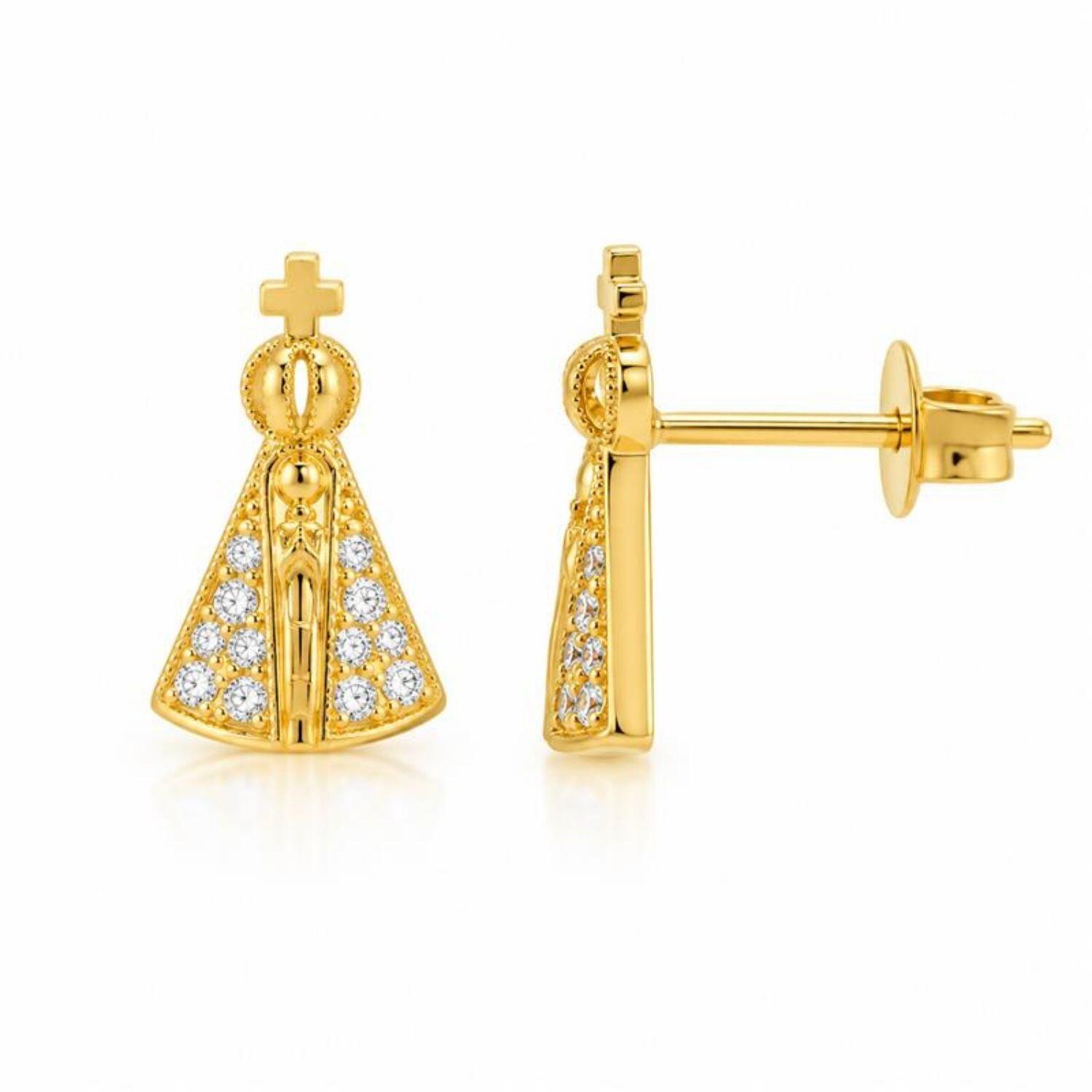 Brinco Mini Nossa Senhora Aparecida Micro Zircônia Cristal Banhado a Ouro