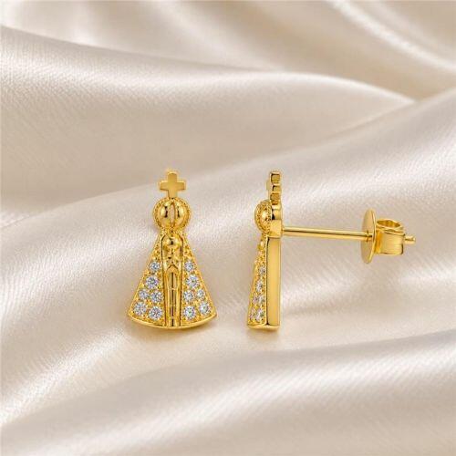 Brinco Mini Nossa Senhora Aparecida Micro Zircônia Cristal Banhado a Ouro