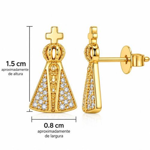 Brinco Mini Nossa Senhora Aparecida Micro Zircônia Cristal Banhado a Ouro