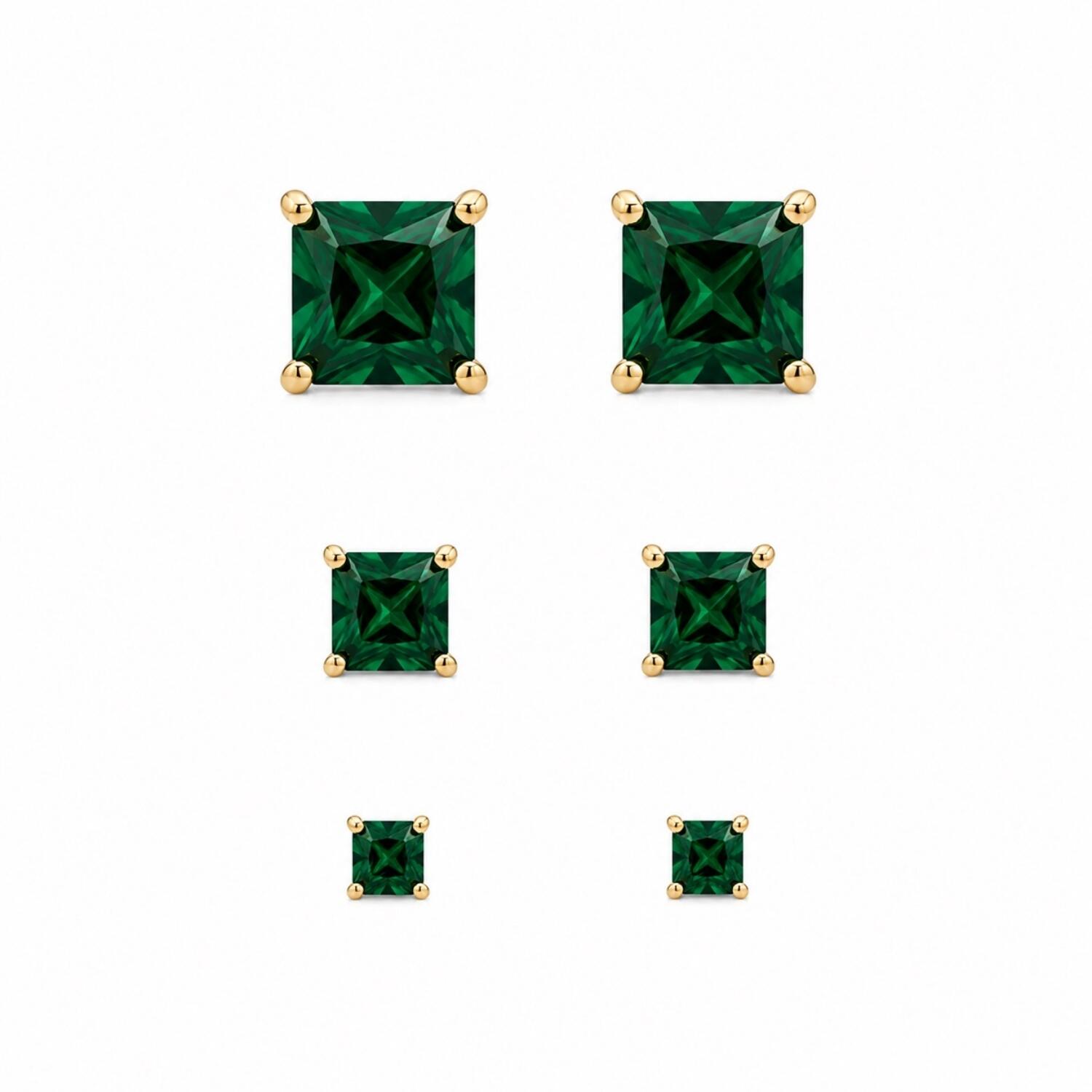 Brinco Trio Zircônia Quadrada Esmeralda Banhado em Ouro 18K