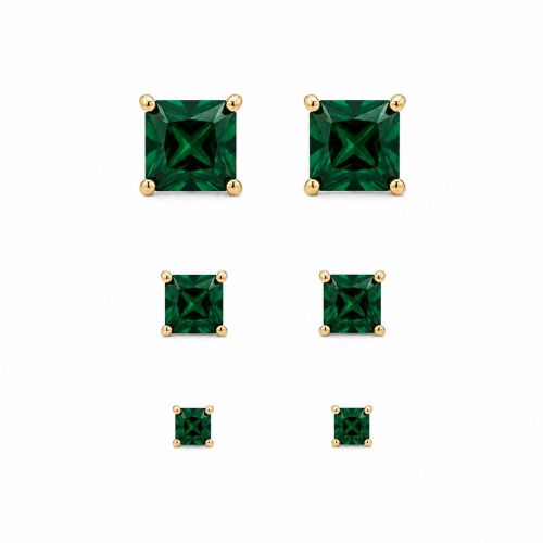 Brinco Trio Zircônia Quadrada Esmeralda Banhado em Ouro 18K