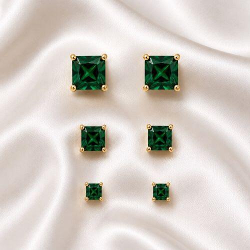 Brinco Trio Zircônia Quadrada Esmeralda Banhado em Ouro 18K