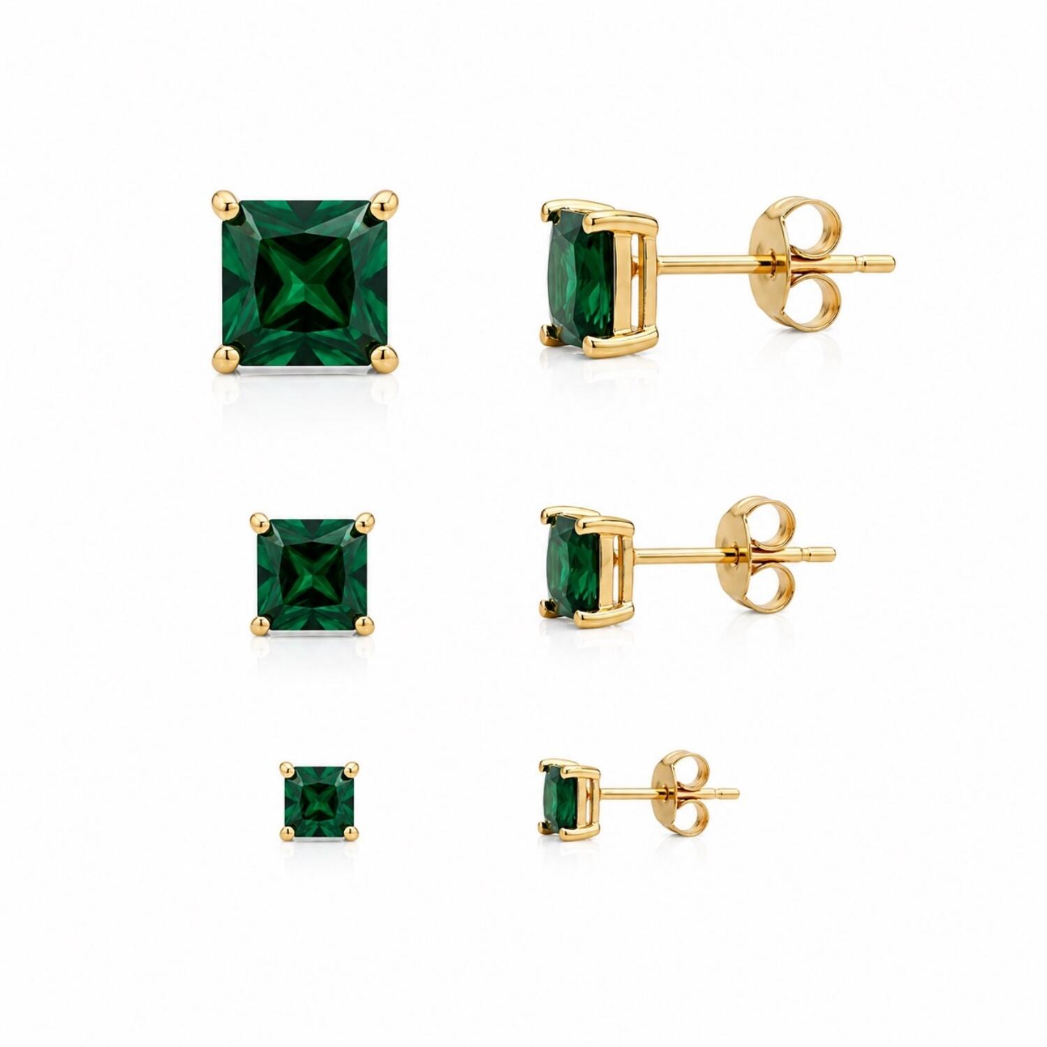 Brinco Trio Zircônia Quadrada Esmeralda Banhado em Ouro 18K