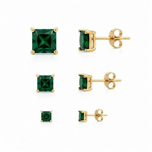 Brinco Trio Zircônia Quadrada Esmeralda Banhado em Ouro 18K