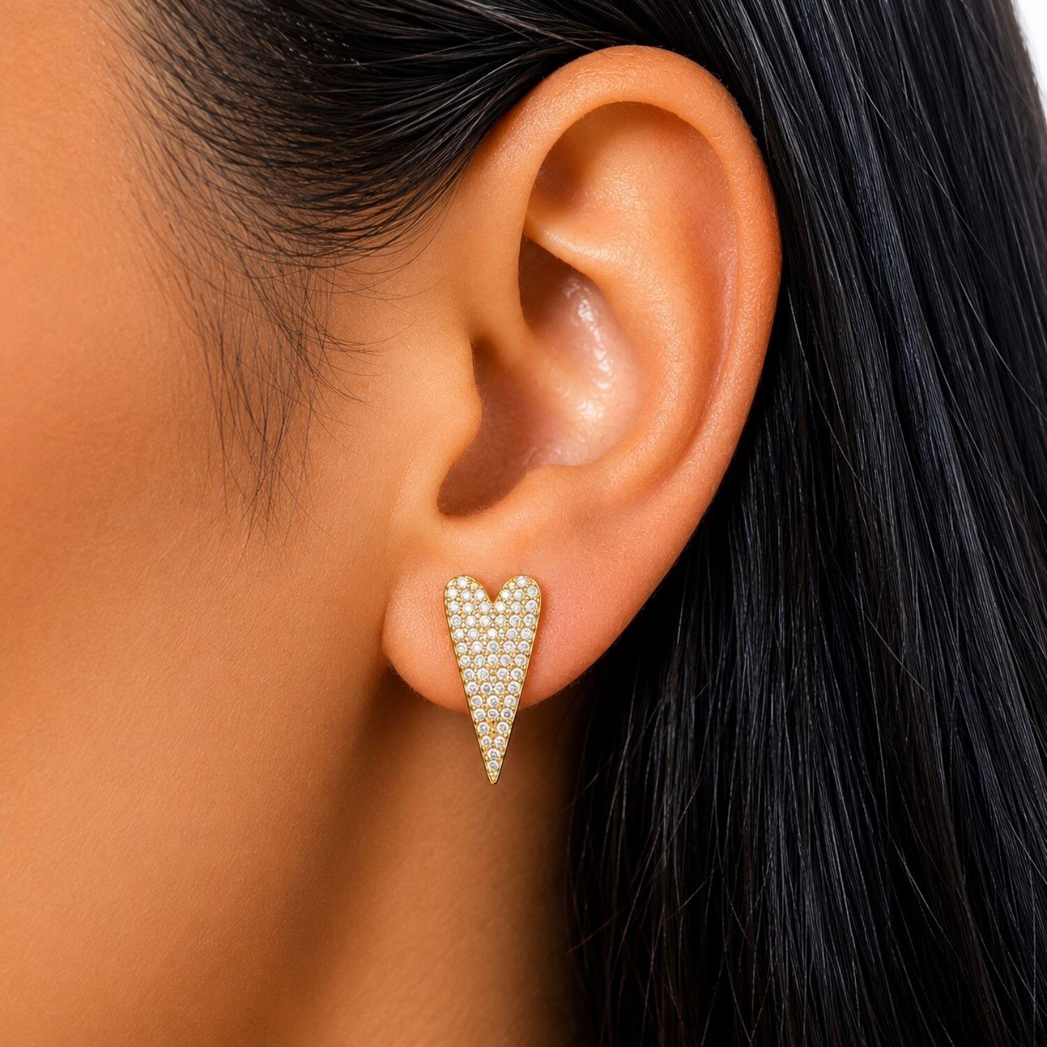 Brinco Coração Longo Zircônia Cristal Banhado em Ouro 18K