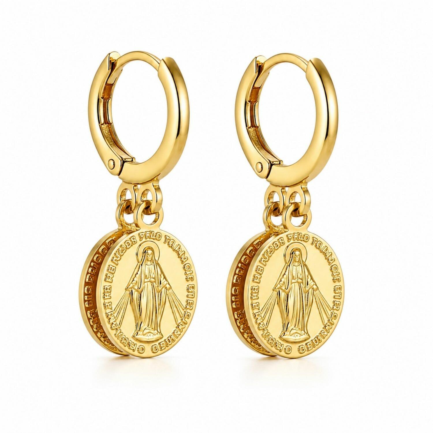Brinco Argola com 2 Nossa Senhora Milagrosa Banhado em Ouro 18k