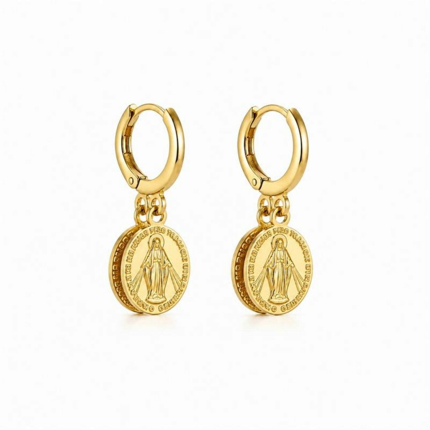Brinco Argola com 2 Nossa Senhora Milagrosa Banhado em Ouro 18k