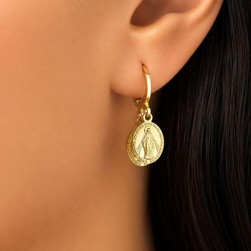 Brinco Argola com 2 Nossa Senhora Milagrosa Banhado em Ouro 18k