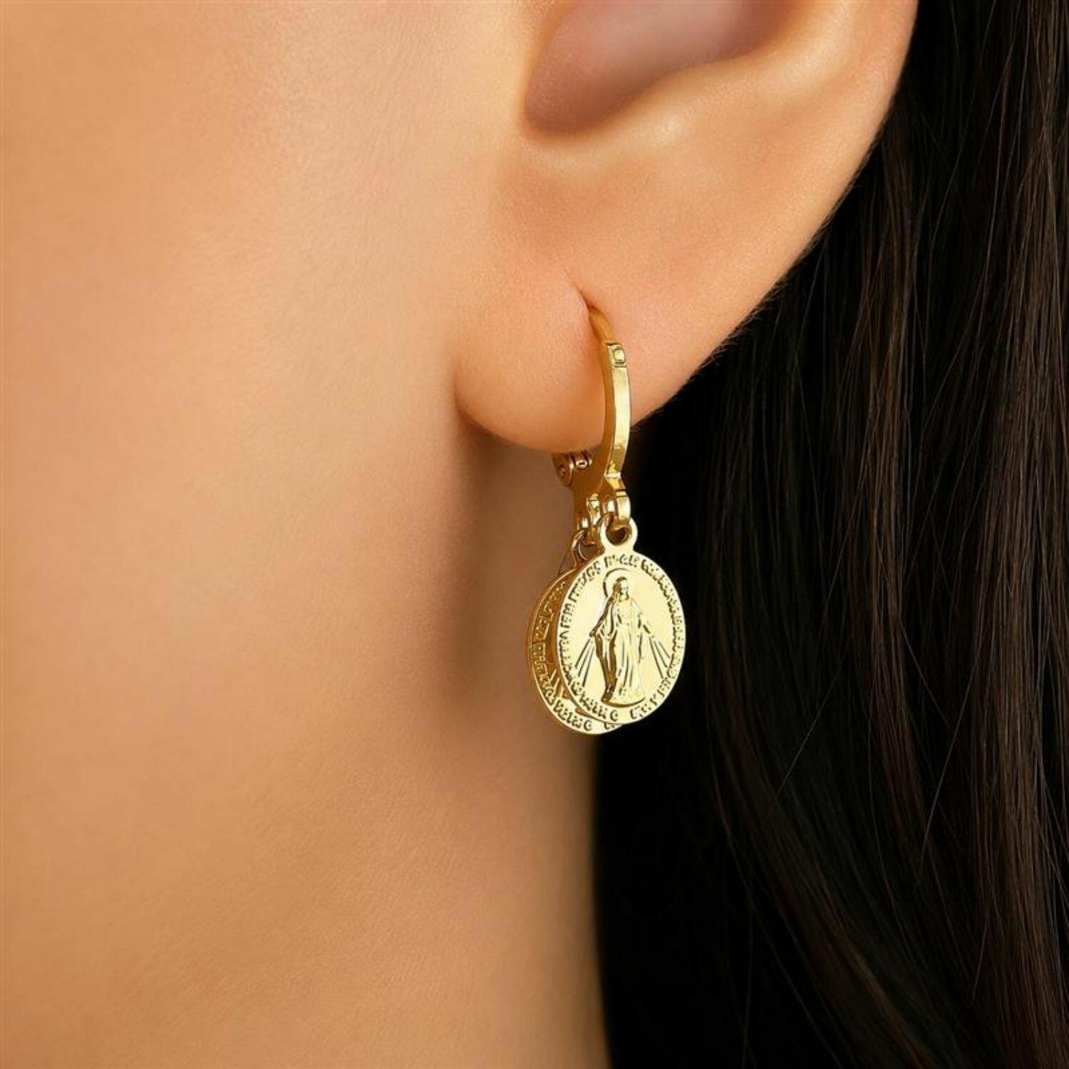 Brinco Argola com 2 Nossa Senhora Milagrosa Banhado em Ouro 18k