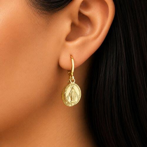 Brinco Argola com 2 Nossa Senhora Milagrosa Banhado em Ouro 18k