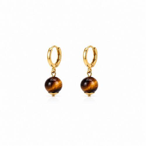 Brinco Argola Pedra Natural Olho de Tigre Banhado em Ouro 18k
