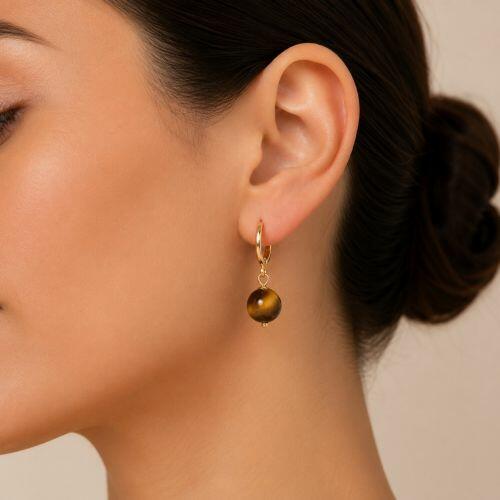Brinco Argola Pedra Natural Olho de Tigre Banhado em Ouro 18k
