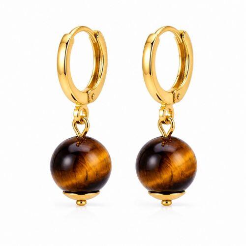 Brinco Argola Pedra Natural Olho de Tigre Banhado em Ouro 18k