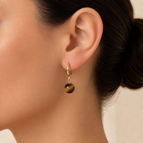 Brinco Argola Pedra Natural Olho de Tigre Banhado em Ouro 18k