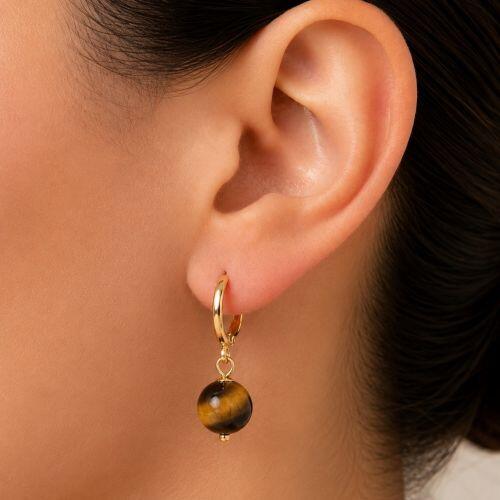 Brinco Argola Pedra Natural Olho de Tigre Banhado em Ouro 18k