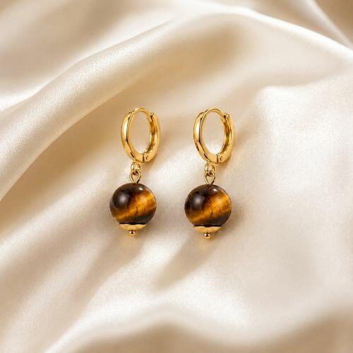 Brinco Argola Pedra Natural Olho de Tigre Banhado em Ouro 18k