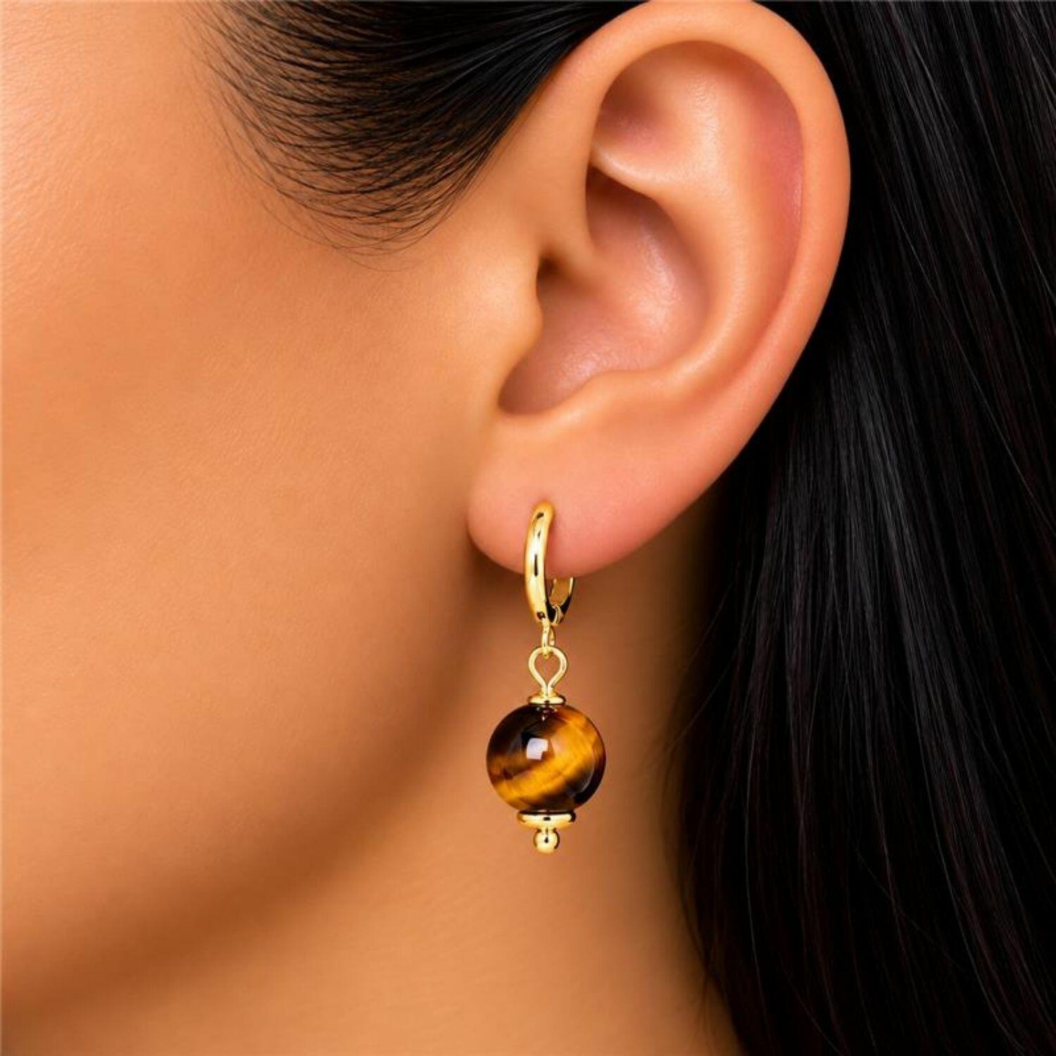 Brinco Argola Pedra Natural Olho de Tigre Banhado em Ouro 18k