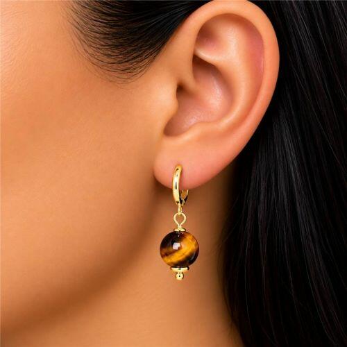 Brinco Argola Pedra Natural Olho de Tigre Banhado em Ouro 18k