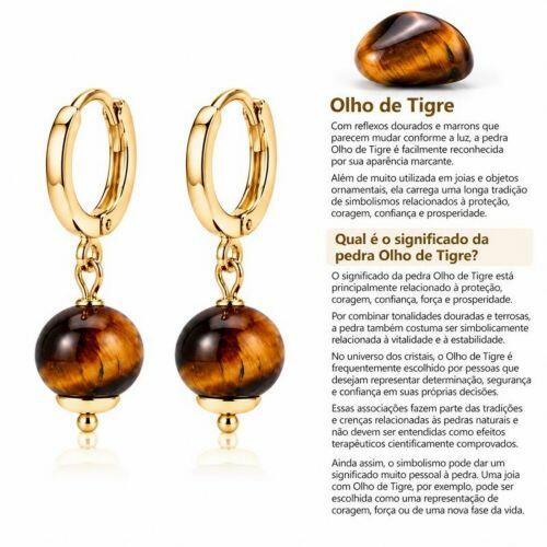 Brinco Argola Pedra Natural Olho de Tigre Banhado em Ouro 18k