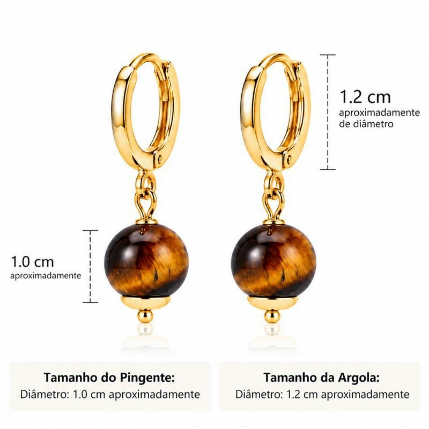 Brinco Argola Pedra Natural Olho de Tigre Banhado em Ouro 18k