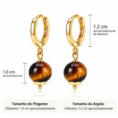 Brinco Argola Pedra Natural Olho de Tigre Banhado em Ouro 18k