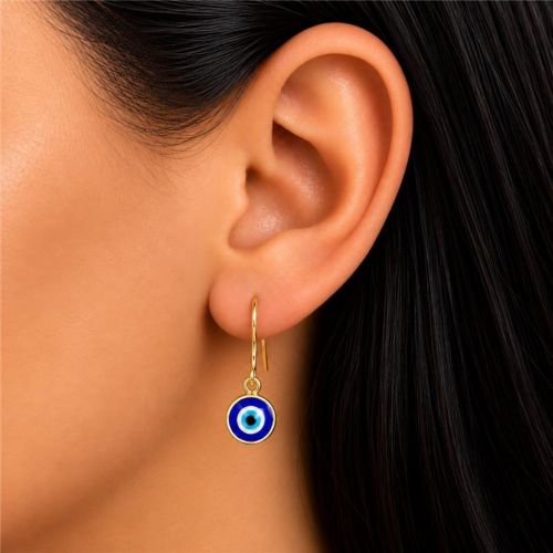 Brinco Anzol Olho Grego Banhado em Ouro 18k
