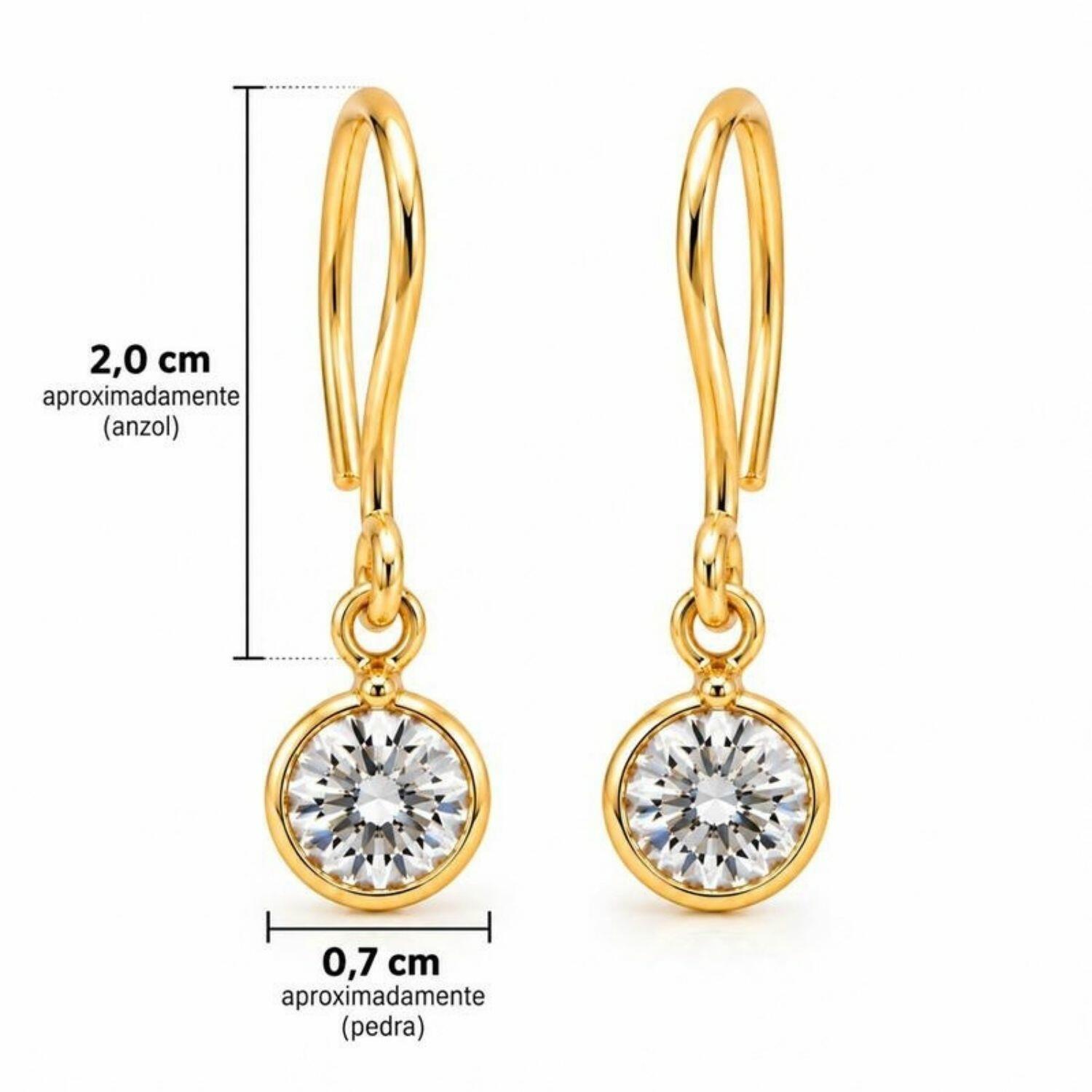 Brinco Anzol Ponto de Luz Zircônia Cristal Banhado em Ouro 18k