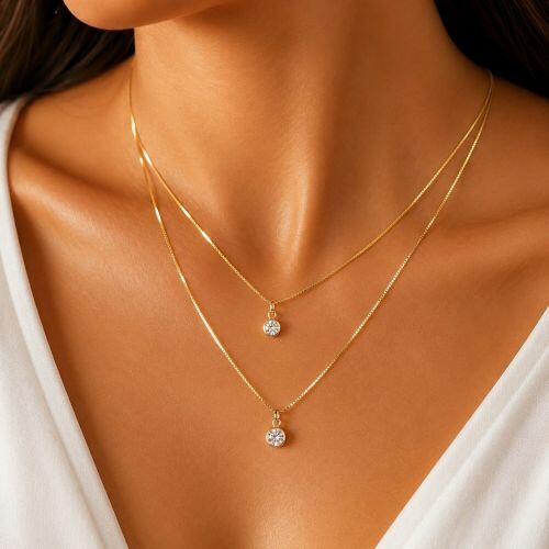 Choker Duplo Ponto de Luz Zircônia Cristal Banhado em Ouro18k