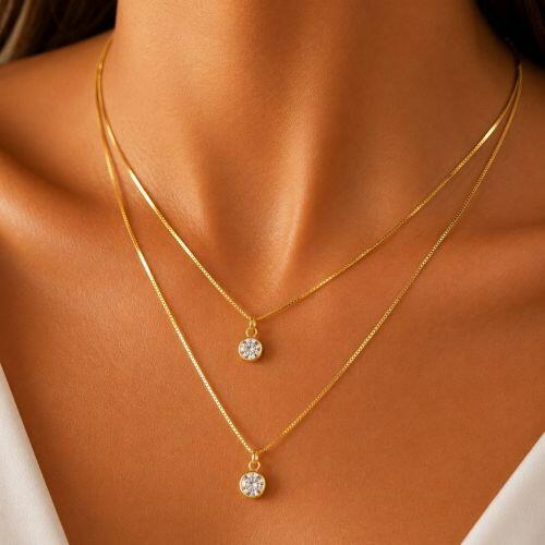Choker Duplo Ponto de Luz Zirc�nia Cristal Banhado em Ouro18k