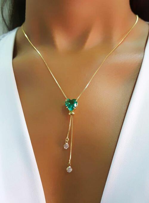 Colar Gravatinha Regul�vel Cora��o Zirc�nia Turmalina Banhado a Ouro
